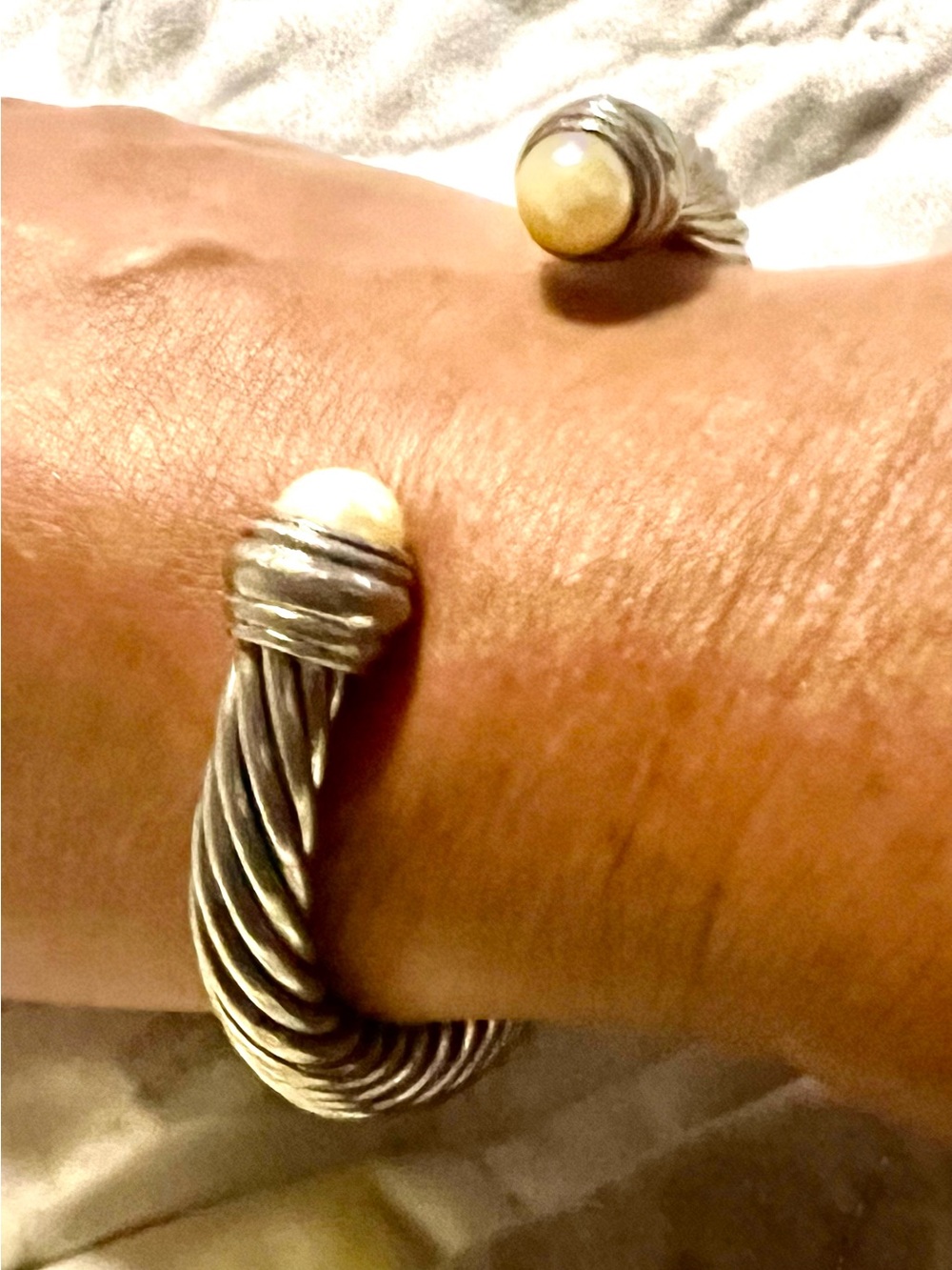 Sterling-Tone Twisted Cable Open Cuff Bracelet with Cream Stone
